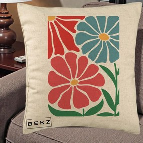 Perna Decorativa Flori Grafice Rosu-Albastru, 40x40 cm, Bej, Husa Detasabila, Perna Inclusa, BEKZ®