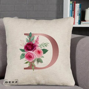 Cadou Personalizat - Perna Personalizata Monograma Rose Gold Litera D, 40x40 cm, Bej Canapea, Husa Detasabila, Perna Inclusa, BEKZ®
