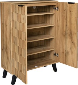 Dulap modern pentru pantofi cu 5 compartimente, model geometric cu aspect de lemn, pentru hol și zona de intrare, 80,5x35x109,5 cm, Culoare naturală