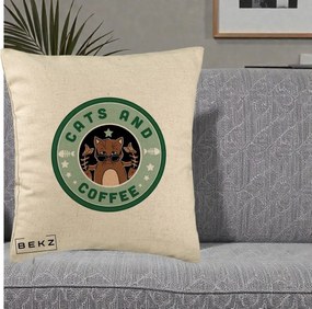 Perna Personalizata Cats and Coffee Starbucks, 40x40 cm, Bej, Husa Detasabila, Perna Inclusa, BEKZ®
