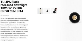Spot LED incastrabil TULIPA Black recessed downlight 10W 36° 2700K CRI90 triac IP44