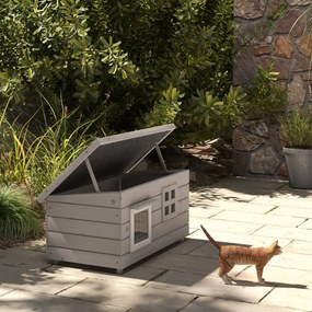 Casa din lemn pentru pisici Pawhut, Canisa de adapost ridicata pentru pisici, Casuta de joaca pentru animale de companie, cu acoperis de asfalt, Cortina din PVC, Fereastra, 87 x 52 x 48 cm, Gri | Aosom Romania
