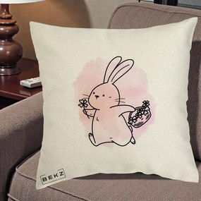 Perna Decorativa Iepuras Kawaii cu Cosulet Floral, 40x40 cm, Ecru, Husa Detasabila, Perna Inclusa, BEKZ®