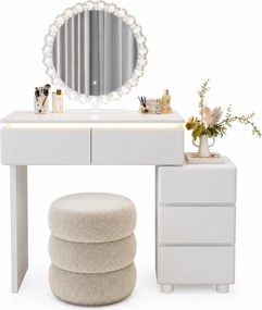 Set ELYSIA LED – Masă de Toaletă pentru Machiaj, cu Oglindă Iluminată LED, în trei culori, Control Touch, Comoda, Taburet, 80 cm, Alb