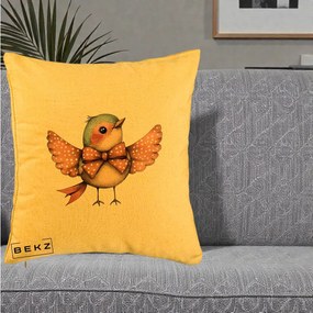 Perna Decorativa Pasare Roz cu Aripi si Fundita, 40x40 cm, Galben, Husa Detasabila, Perna Inclusa, BEKZ®