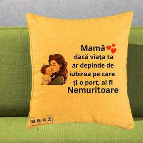 Cadou pentru Mama - Perna Personalizata Mama Nemuritoare cu Bebelus Lineart, 40x40 cm, Galben, Husa Detasabila, Perna Inclusa, BEKZ®