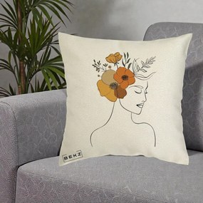 Perna Decorativa Portret Feminin Flori Galbene-Portocalii, 40x40 cm, Ecru, Husa Detasabila, Perna Inclusa, BEKZ®