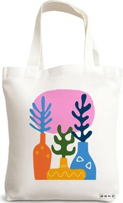 Sacosa de Panza pentru Cumparaturi, Geanta Tote, model Gradina Abstracta, 38x34.5 cm, Alba, BEKZ®