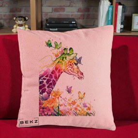 Perna Decorativa Girafa Curcubeu Acuarela, 40x40 cm, Roz, Husa Detasabila, Perna Inclusa, BEKZ®