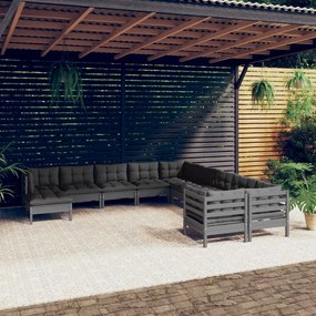 vidaXL Set mobilier grădină cu perne, 11 piese, gri, lemn de pin