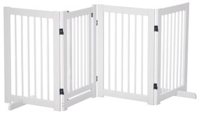 Grilă pentru câini PawHut cu picioare de susținere 204 x 75 cm din lemn, Grilă de protecție pentru câini cu uși pentru scări, uși, bucătărie, hol, 4 panouri, Alb | Aosom Romania