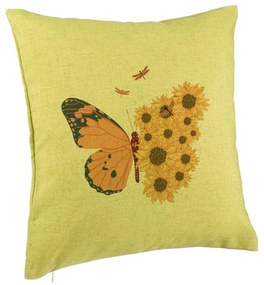 Perna Decorativa, Model SunFlower Butterfly, 40x40 cm, Verde, Husa Detasabila, Burduf