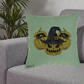Perna Decorativa Trio Dovleci Jack-o-Lantern cu Palarie Vrajitoare, 40x40 cm, Verde, Husa Detasabila, Perna Inclusa, BEKZ®