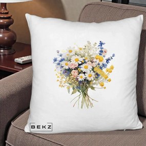 Perna Decorativa Buchet Camp Acuarela Margarete-Lavanda, 40x40 cm, Alb Pufos, Husa Detasabila, Perna Inclusa, BEKZ®
