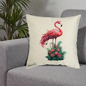 Perna Decorativa Flamingo cu Trandafiri Tropicali, 40x40 cm, Ecru, Husa Detasabila, Perna Inclusa, BEKZ®