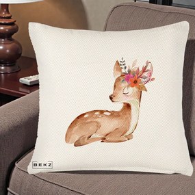 Perna Decorativa Caprioara cu Flori in Coama, 40x40 cm, Crem Reliefat, Husa Detasabila, Perna Inclusa, BEKZ®