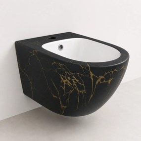 Vas Bideu Suspendat Negru Mat cu Model Marmorat Auriu, Ceramica Sanitara, Montaj pe Perete