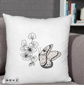 Perna Decorativa Fluture si Flori Linie Monocroma, 40x40 cm, Alb Pufos, Husa Detasabila, Perna Inclusa, BEKZ®