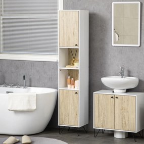 Kleankin Dulap Înalt Baie, 2 Rafturi Deschise, 2 Dulapuri, Design Modern, Natural/Alb | Aosom Romania
