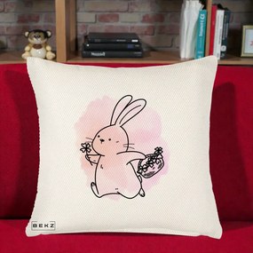 Perna Decorativa Iepuras Kawaii cu Cosulet Floral, 40x40 cm, Crem Reliefat, Husa Detasabila, Perna Inclusa, BEKZ®