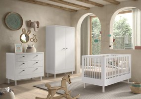 Set Complet Mobilier Cameră Bebelus Forrest Oak, din Lemn Masiv de Stejar, Alb: Pătuț Convertibil (70x140 cm), Comodă cu 3 Sertare și Dulap cu 2 Uși