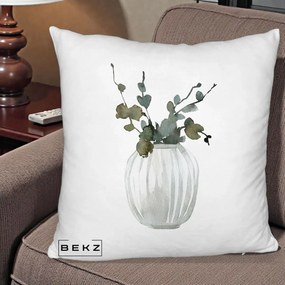 Perna Decorativa Vaza cu Eucalipt Watercolor, 40x40 cm, Alb Pufos, Husa Detasabila, Perna Inclusa, BEKZ®