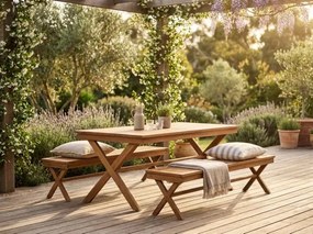 Set dining exterior din lemn masiv de tec, masă și 2 bănci, finisaj natural, „Marino”