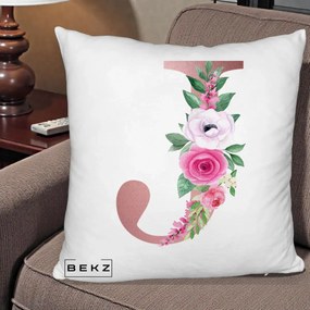 Cadou Personalizat - Perna Personalizata Monograma Rose Gold Litera J, 40x40 cm, Alb Pufos, Husa Detasabila, Perna Inclusa, BEKZ®