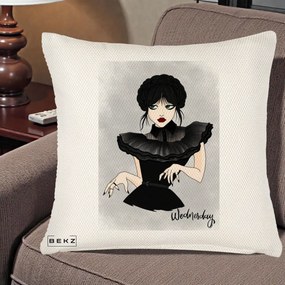 Perna Personalizata Wednesday Addams Portret Gotic, 40x40 cm, Crem Reliefat, Husa Detasabila, Perna Inclusa, BEKZ®