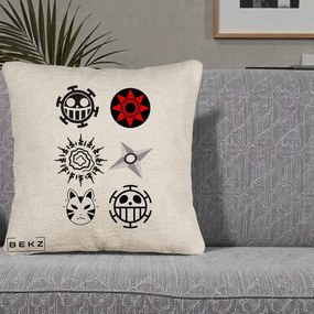 Perna Personalizata Simboluri Anime Mix - Naruto One Piece, 40x40 cm, Bej Canapea, Husa Detasabila, Perna Inclusa, BEKZ®