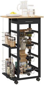 HOMCOM Carucior de Bucătărie cu Roți Carucior Multiusos cu Sertar 4 Coșuri Detașabile de Metal și Rafturi 47x37x83 cm Negru | Aosom Romania