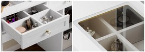 SEA498 - Set Masa toaleta 90 cm, cosmetica machiaj, oglinda cu LED, masuta vanity cu Priza, USB si Suport Uscator par - Alb