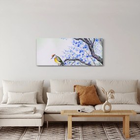 Tablou - Pasăre pe un copac cu flori albastre (120x50 cm)