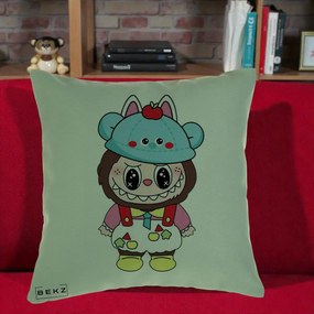Perna Personalizata Labubu x Urs Albastru Colorat, 40x40 cm, Verde, Husa Detasabila, Perna Inclusa, BEKZ®