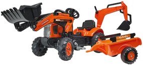 Jucarie Falk, tractor cu pedale, buldoexcavator Kubota cu excavator frontal si remorca cu excavator, 2065N