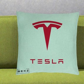 Perna Personalizata cu emblema Tesla, 40x40 cm, Verde Menta, Husa Detasabila, Perna Inclusa, BEKZ®