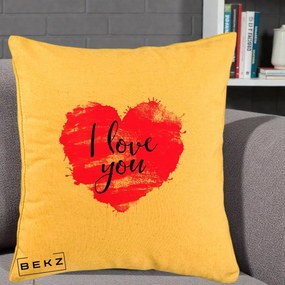 Cadou Romantic - Perna Personalizata I Love You Inima Roz, 40x40 cm, Galben, Husa Detasabila, Perna Inclusa, BEKZ®