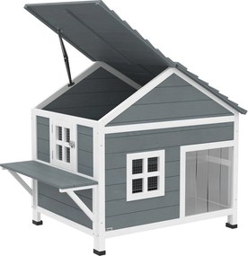 PawHut Casă pentru pisici din lemn, 2 etaje, acoperiș rabatabil rezistent la apă, platformă laterală, 101x72,5x81cm, Gri | Aosom Romania