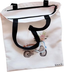 Sacosa de Panza pentru Cumparaturi, Geanta Tote, model Floral Bike, Cu fermoar, 38x34.5 cm, Alba, BEKZ®