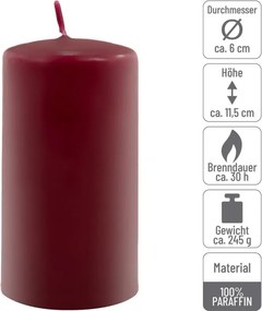 Set de lumânări pilon, 11,5 cm, Ø 6 cm, vișiniu, 12 bucăți