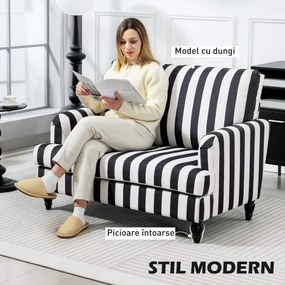 HOMCOM Fotoliu de Living cu Șezut Larg și Cotiere Lungi, Fotoliu din Catifea cu Dungi și Umplutură Groasă, 115x82x82 cm, Negru și Alb | Aosom Romania