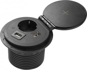 Priza incorporabila in blat Charger Plus GTV, incarcator wireless 5W, 1 priza Schuko, USB A + C, HDMI, RJ45, negru, D:80 mm Aluminiu plastic,