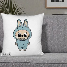Perna Personalizata Labubu Albastru-Gri Solo, 40x40 cm, Alb Pufos, Husa Detasabila, Perna Inclusa, BEKZ®