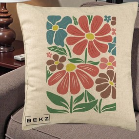 Perna Decorativa Flori Grafice Colorate Retro, 40x40 cm, Bej, Husa Detasabila, Perna Inclusa, BEKZ®