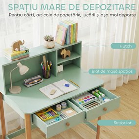 AIYAPLAY Birou pentru Copii cu 3 Compartimente și 2 Sertare, Birou din Lemn cu Spații pentru Cărți și Jucării, Banc de Școală pentru Studiu și Desen pentru Copii 5-12 Ani, Verde | Aosom Romania
