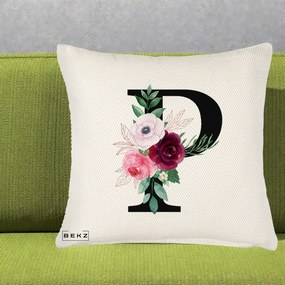 Cadou Personalizat - Perna Personalizata Monograma Florala Litera P, 40x40 cm, Crem Reliefat, Husa Detasabila, Perna Inclusa, BEKZ®