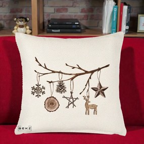 Perna Decorativa Ornamente de Lemn pe Ramura, 40x40 cm, Crem Reliefat, Husa Detasabila, Perna Inclusa, BEKZ®