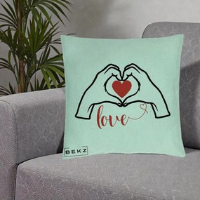 Perna Decorativa Love Maini Inima cu Inscriptie Love Rosu, 40x40 cm, Verde Menta, Husa Detasabila, Perna Inclusa, BEKZ®