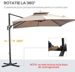 Outsunny Umbrela de Soare pentru Gradina 295x295cm Pivotanta la 360° cu Manivela, Umbrela de Soare cu brat cu Inclinare Reglabila, Kaki si Negru | Aosom Romania