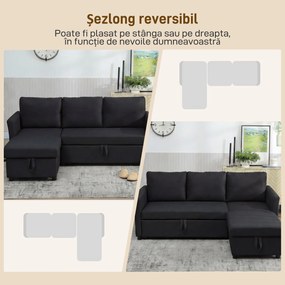 HOMCOM Canapea Extensibilă cu 3 Locuri și Șezlong Convertibil, Canapea de Colț Pliabilă cu Compartiment de Depozitare și 3 Perne Detașabile, Material Textil cu Efect de In, Living, 192x148x86cm, Gri Închis | Aosom Romania
